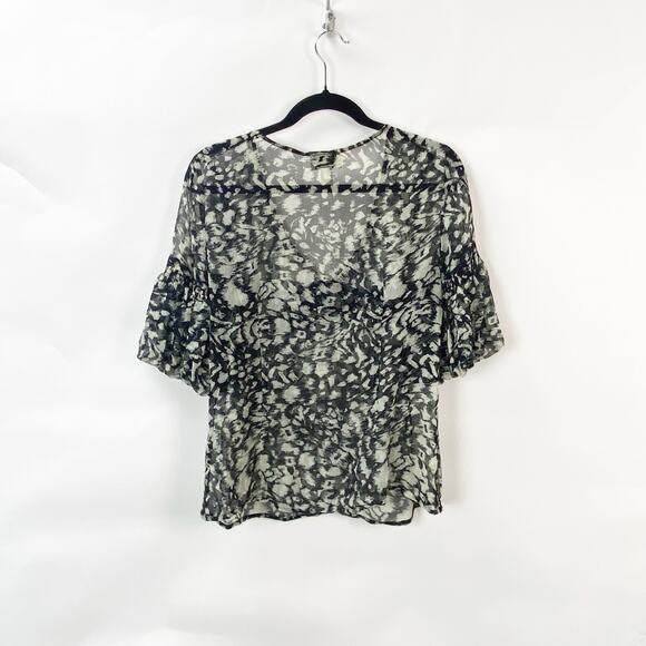 2/$30 LOFT Medium Womens Black Cream Animal Sheer Popover Top Blouse Layer Flowy - Picture 7 of 9